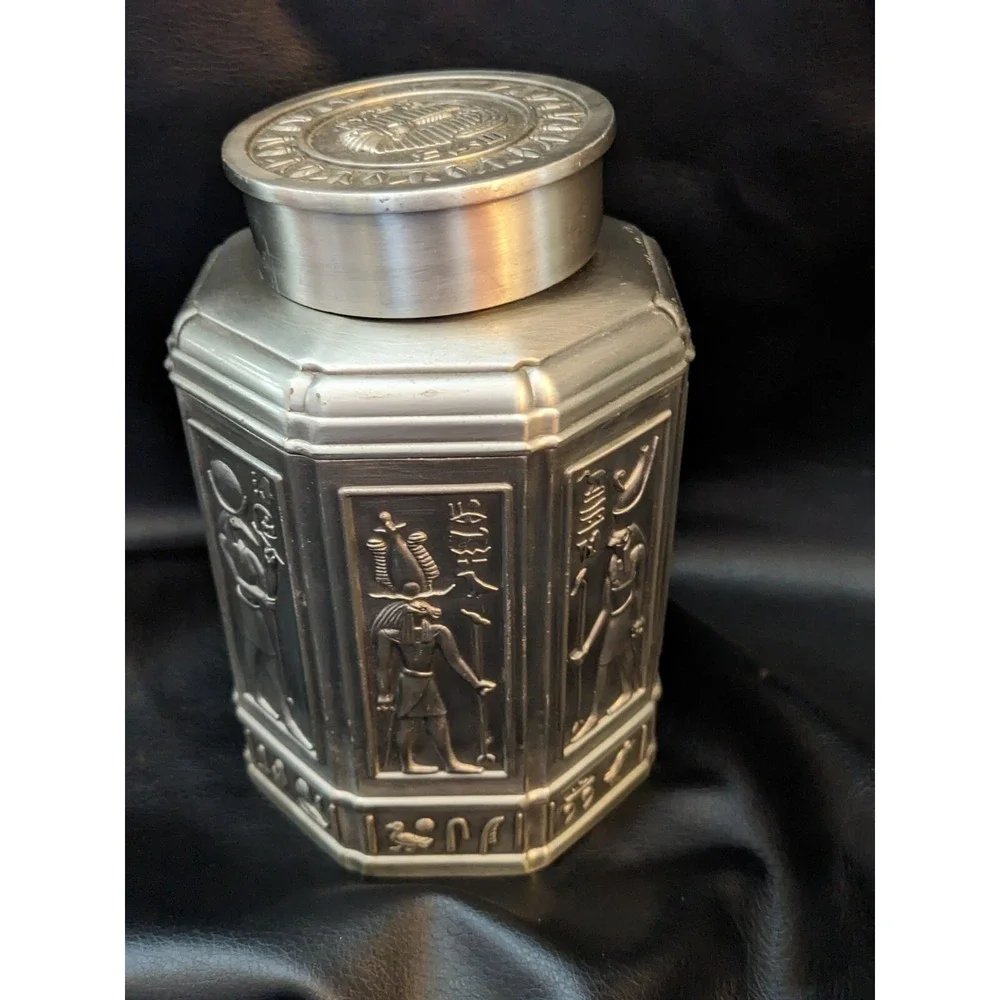 Vintage Egyptian Pharoh Ebros Sarcophagus Tea Box Canister Metal 6 Inch